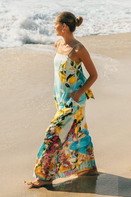 Fruit Print Lace Up Slip Maxi Dress