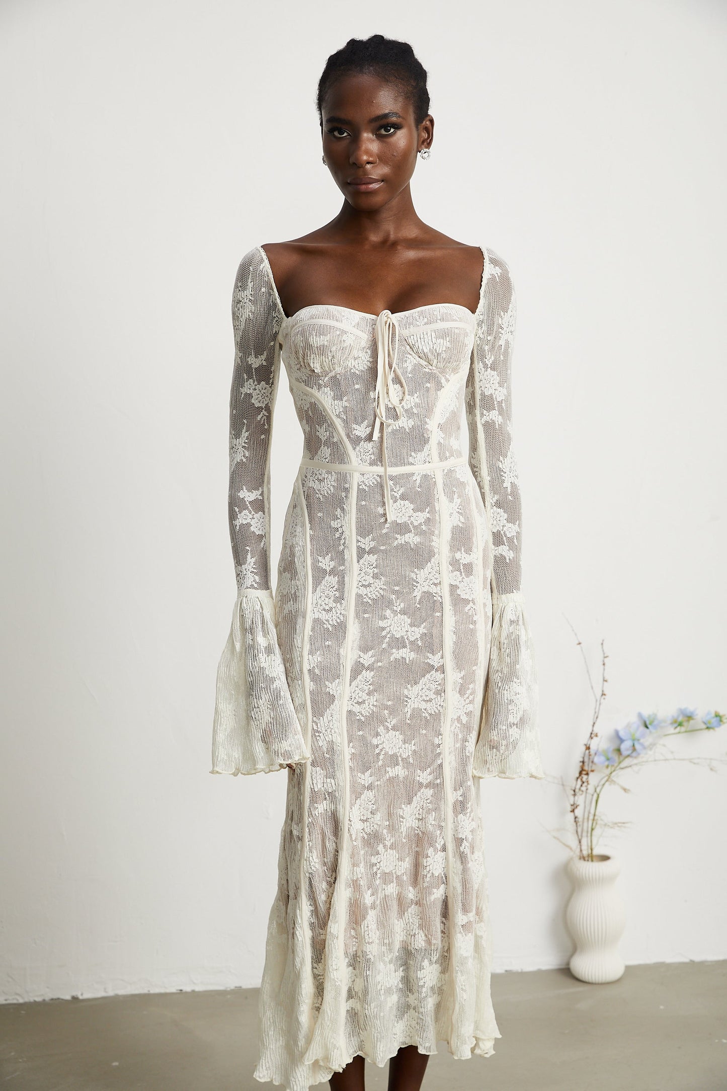 Marlene White Flared Lace Maxi Dress