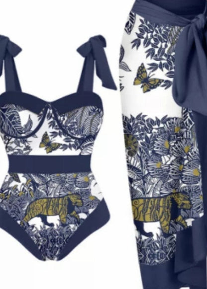 Wild Elegance Printed One-Piece Swimsuit & Wrap Skirt Set