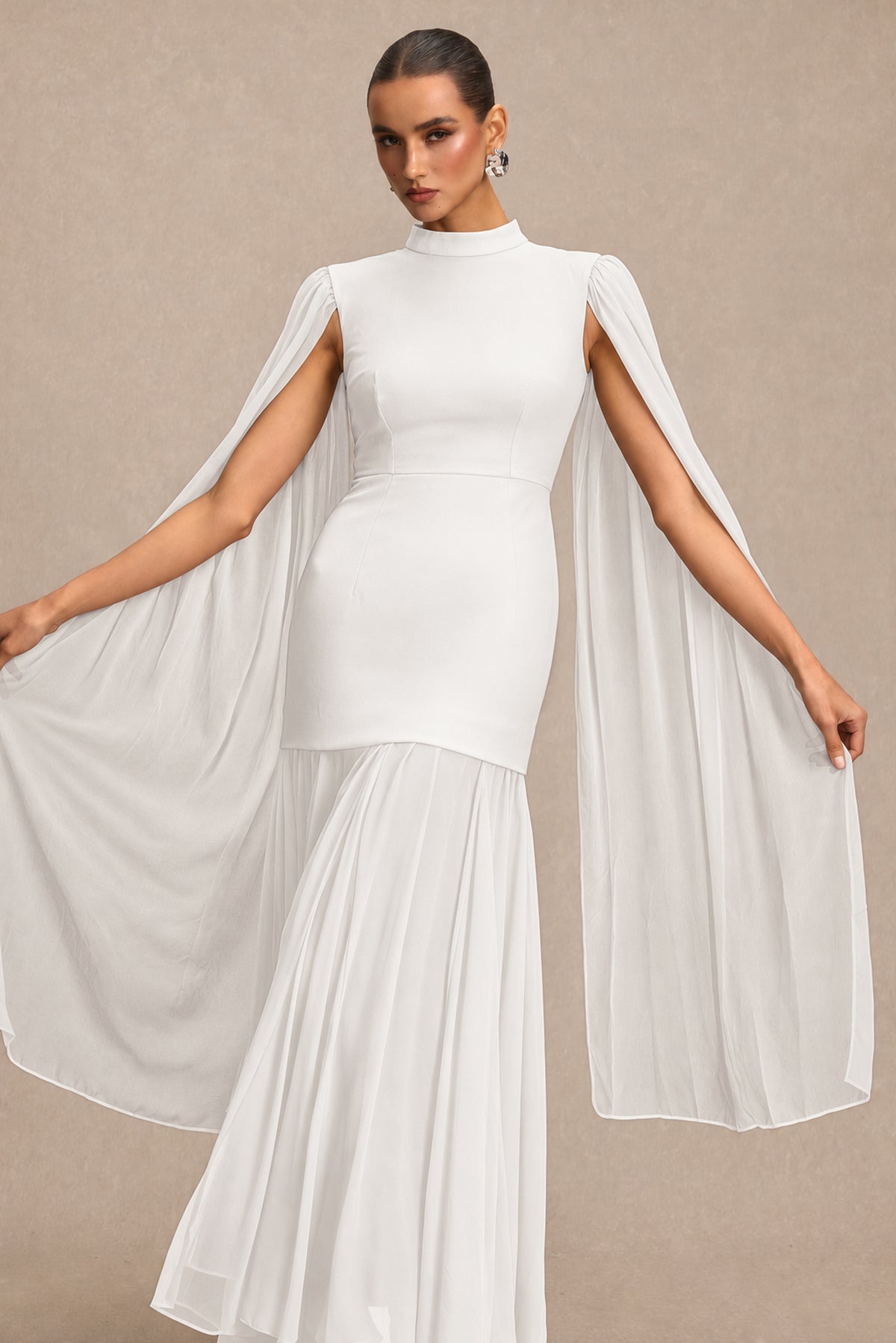 Solid High Neck Cape Sleeve Maxi Dress