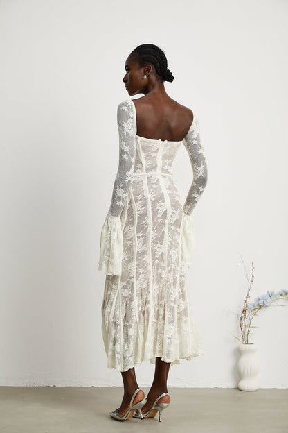 Marlene White Flared Lace Maxi Dress
