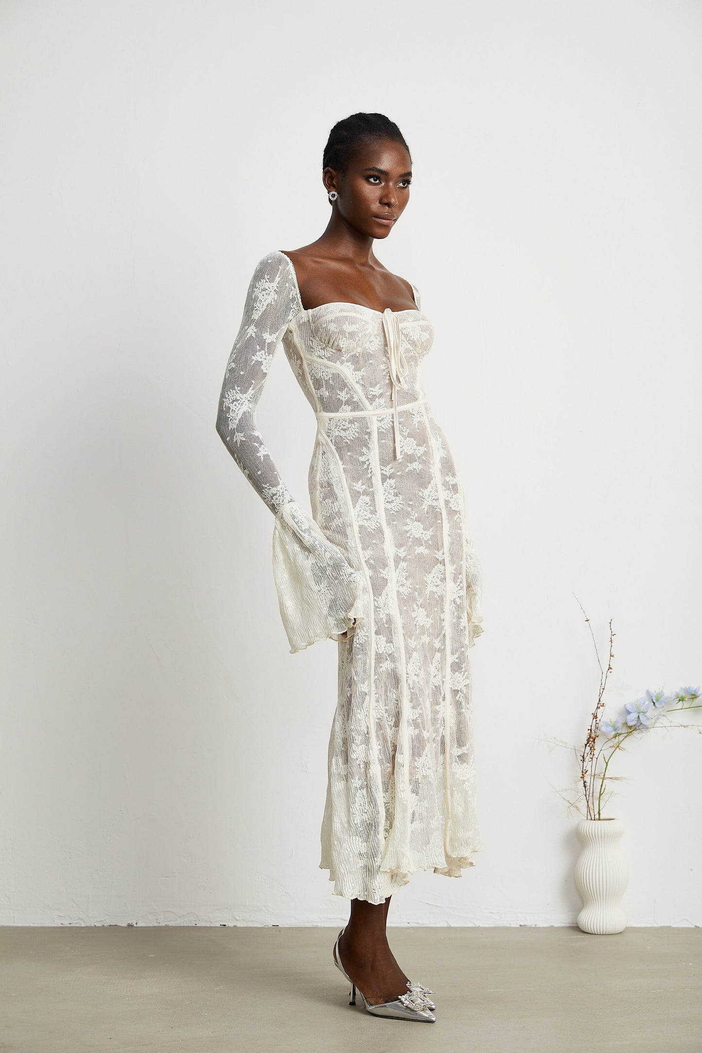 Marlene White Flared Lace Maxi Dress
