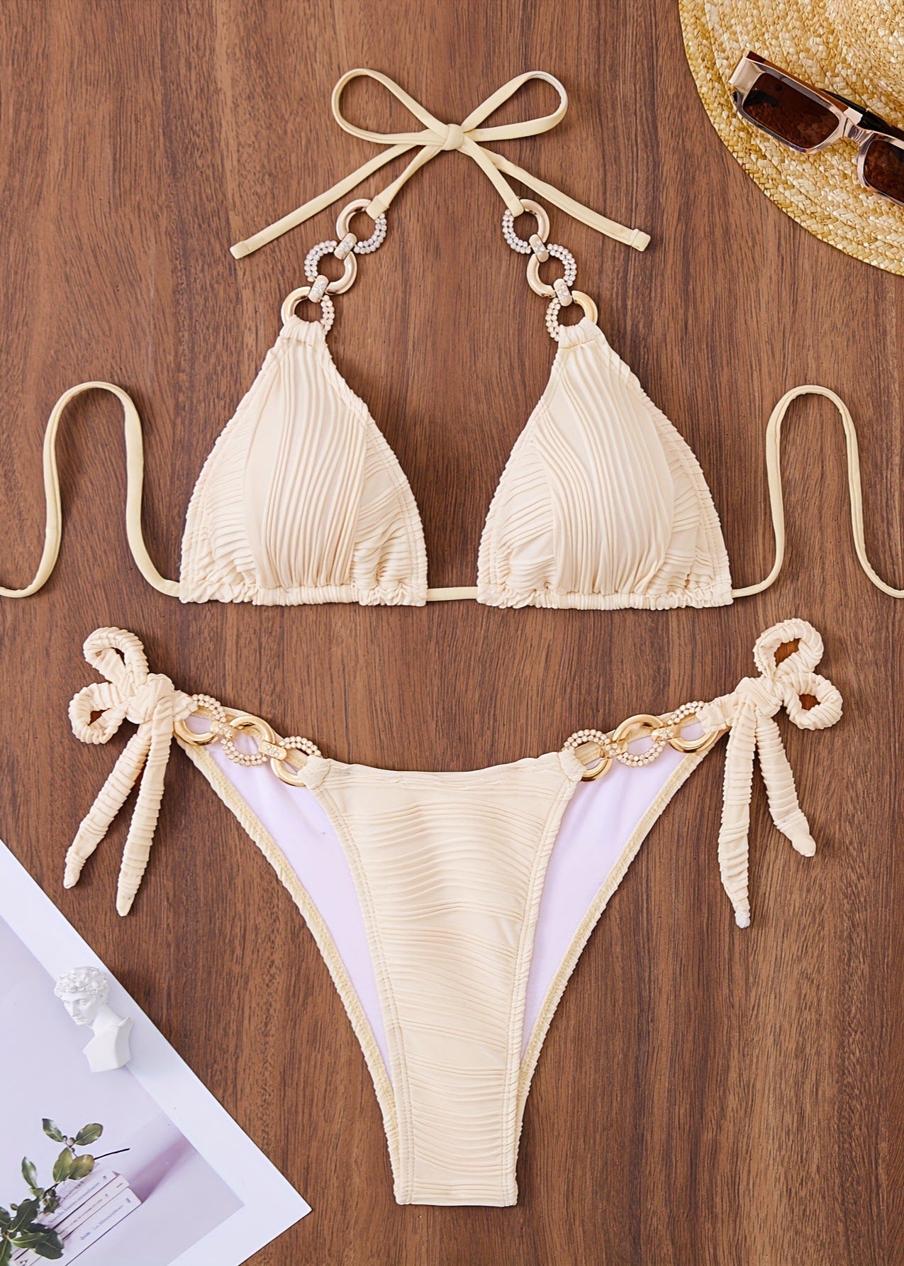 Serena - One-Piece Swimsuit with Pleated Fabric & Chain Details