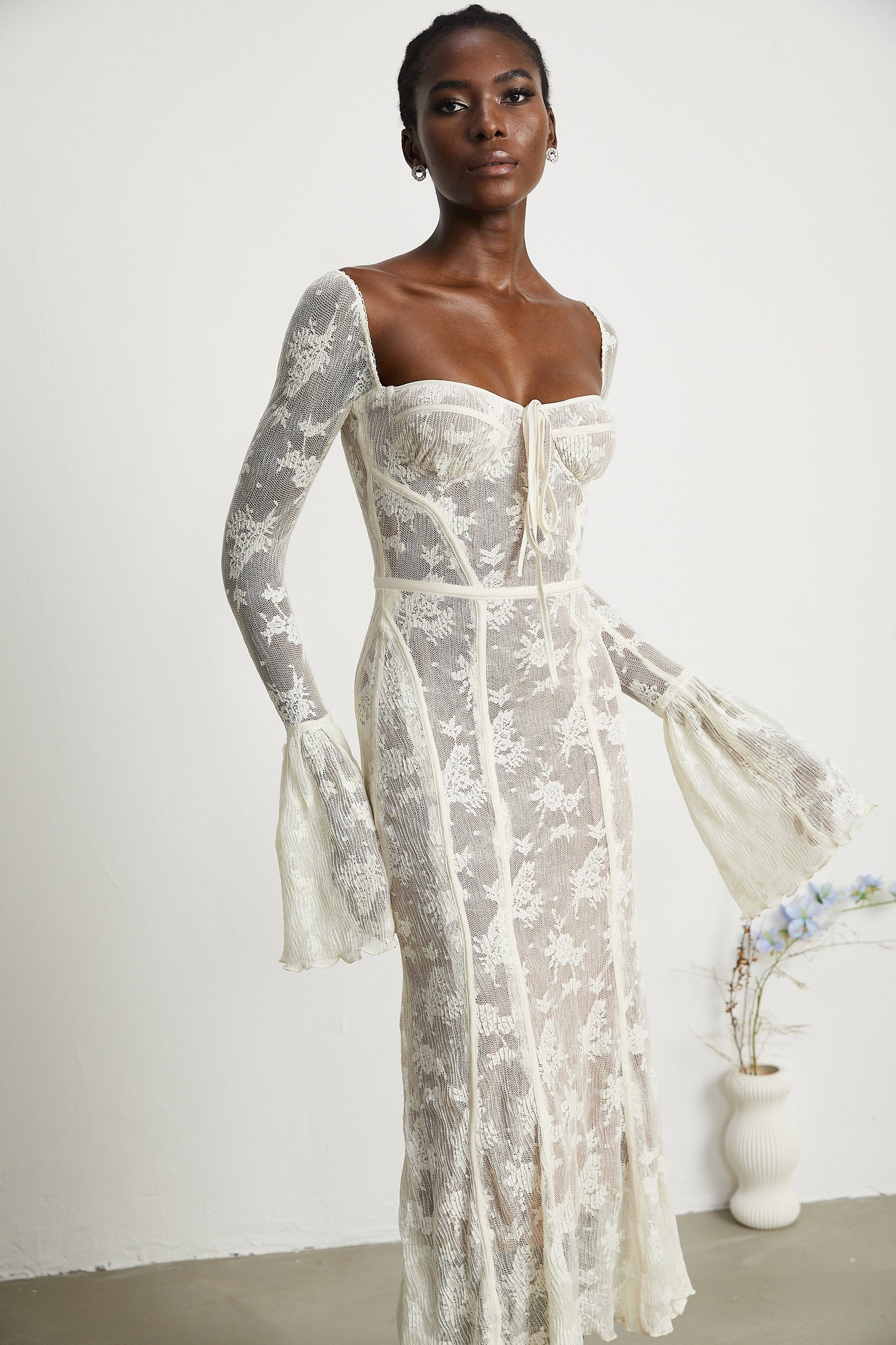 Marlene White Flared Lace Maxi Dress
