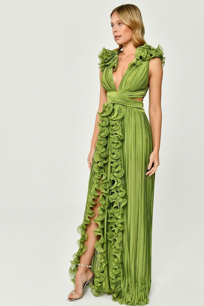 V-Neck Cut-Out Pleated Split Maxi Dress Green