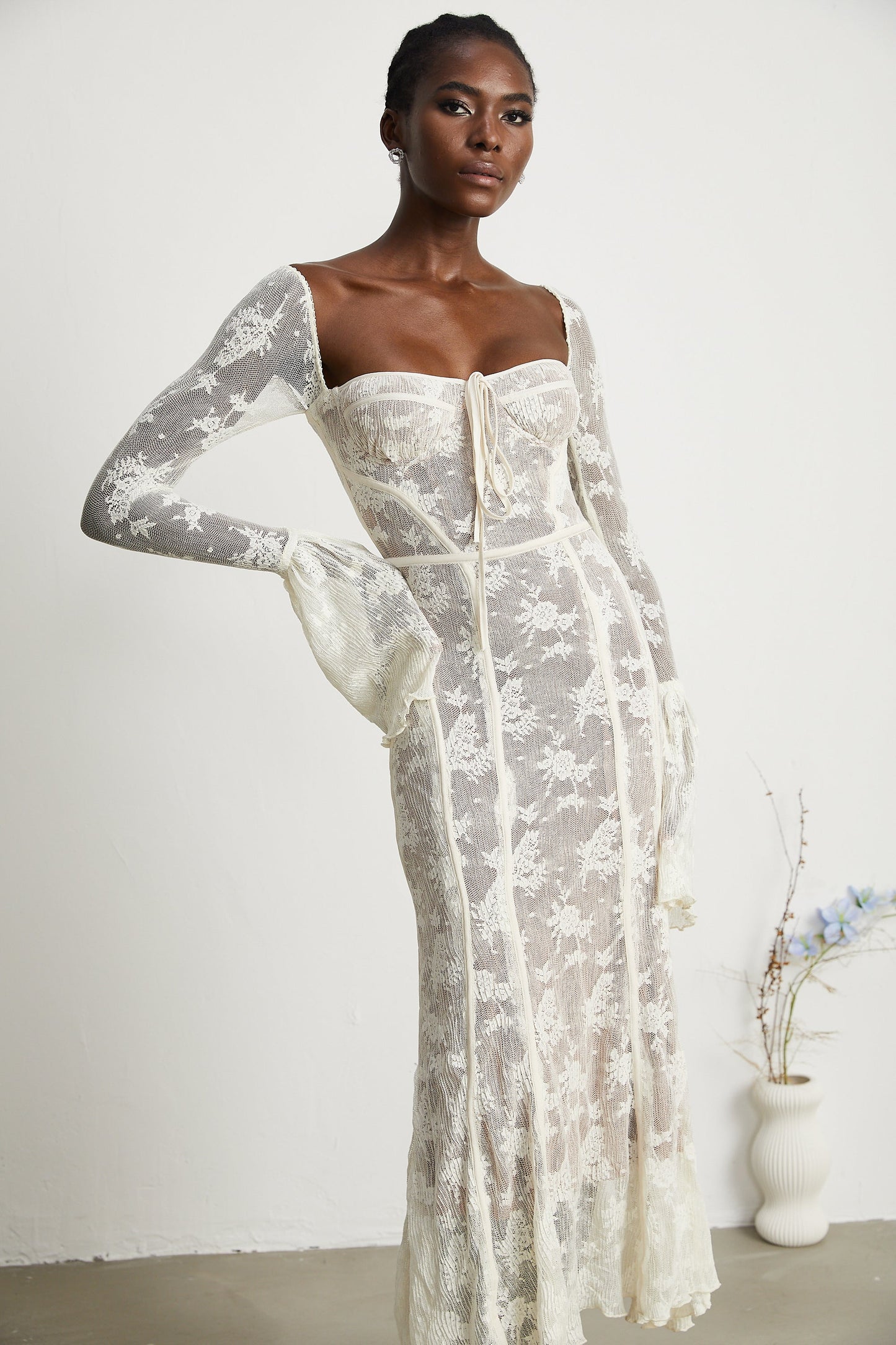 Marlene White Flared Lace Maxi Dress