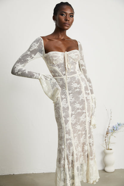 Marlene White Flared Lace Maxi Dress