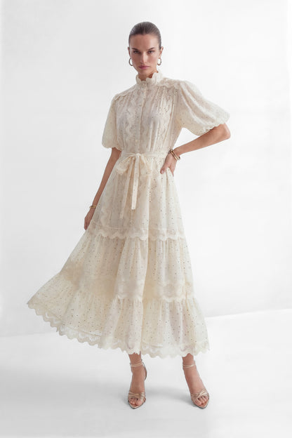 Momentous Love Beige Lace Trim Polka Dot Maxi Dress