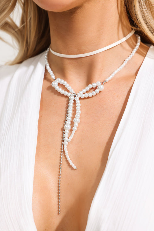 Leather Rope Faux Pearl Bow Double Layer Necklace