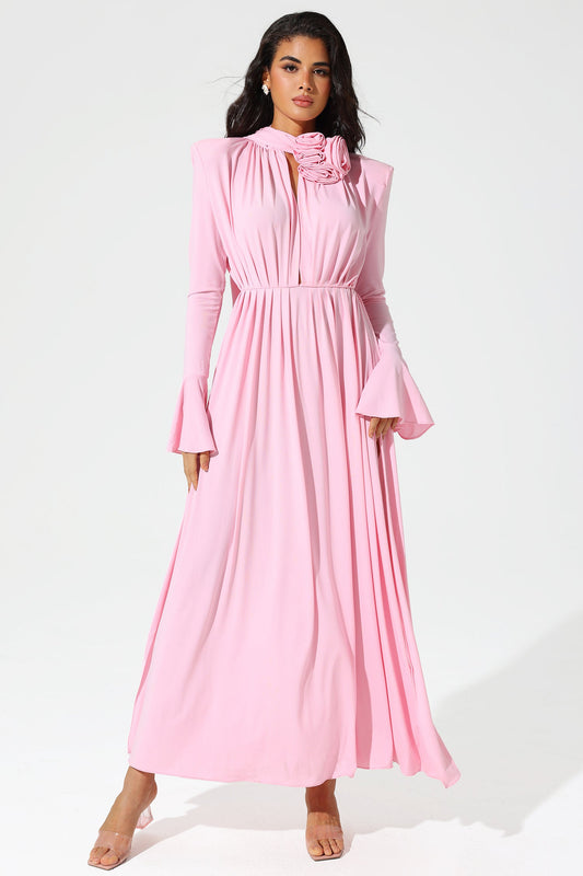 Lantern Sleeve High Collar Flower Slit Midi Dress Pink