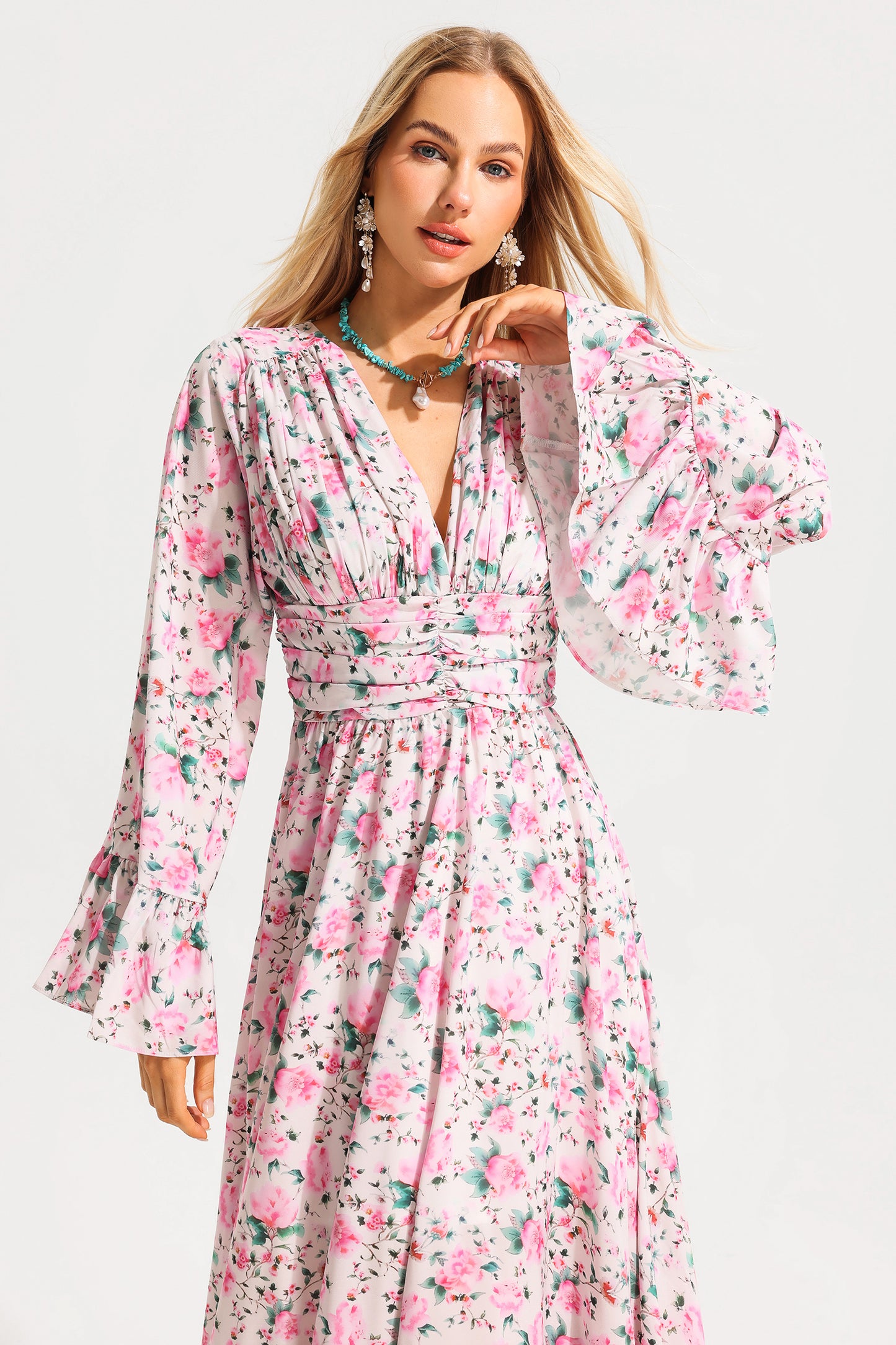 Floral V-Neck Ball Sleeve Midi Dress