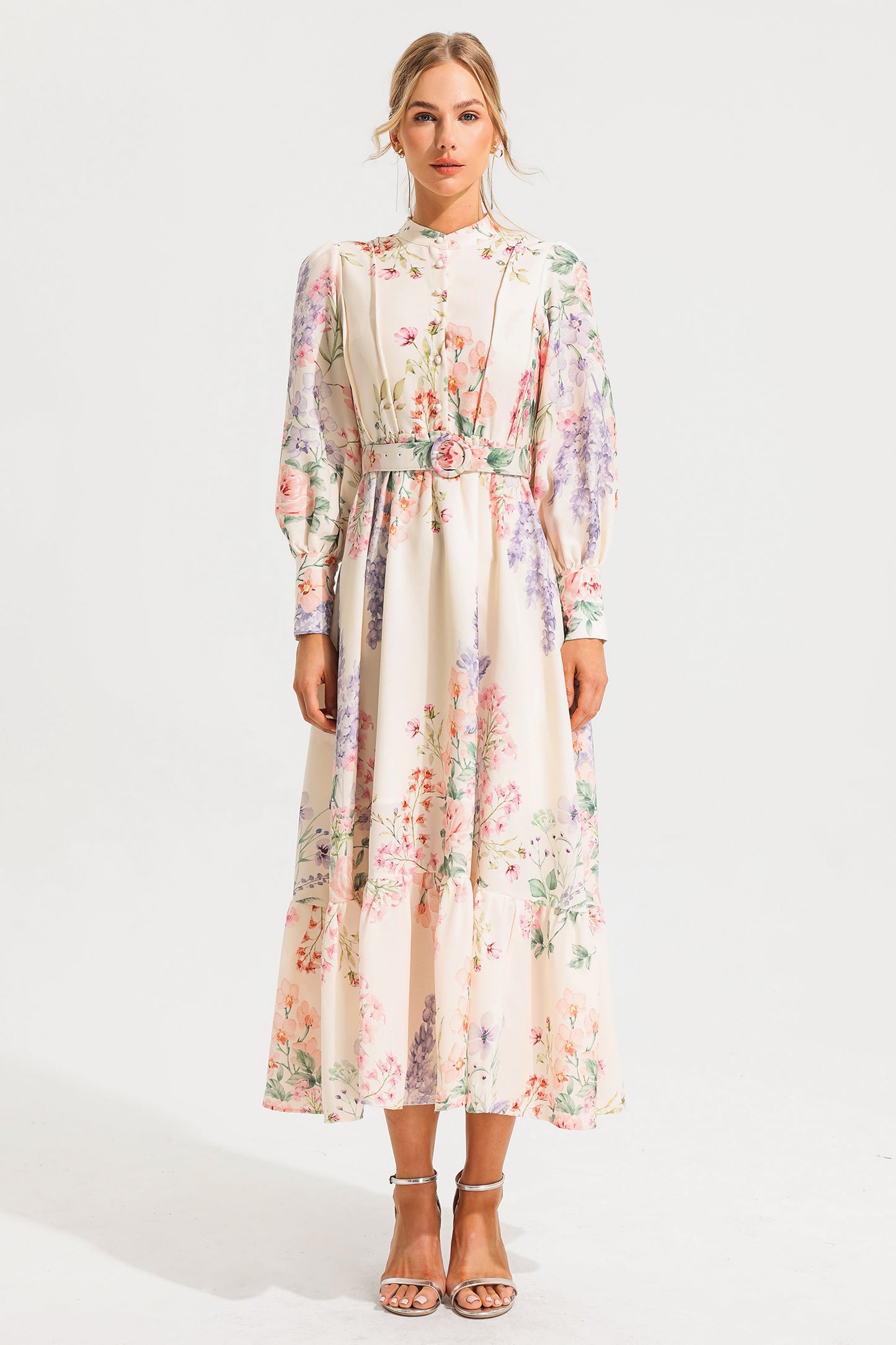 Floral Long Sleeve Maxi Dress With Belt