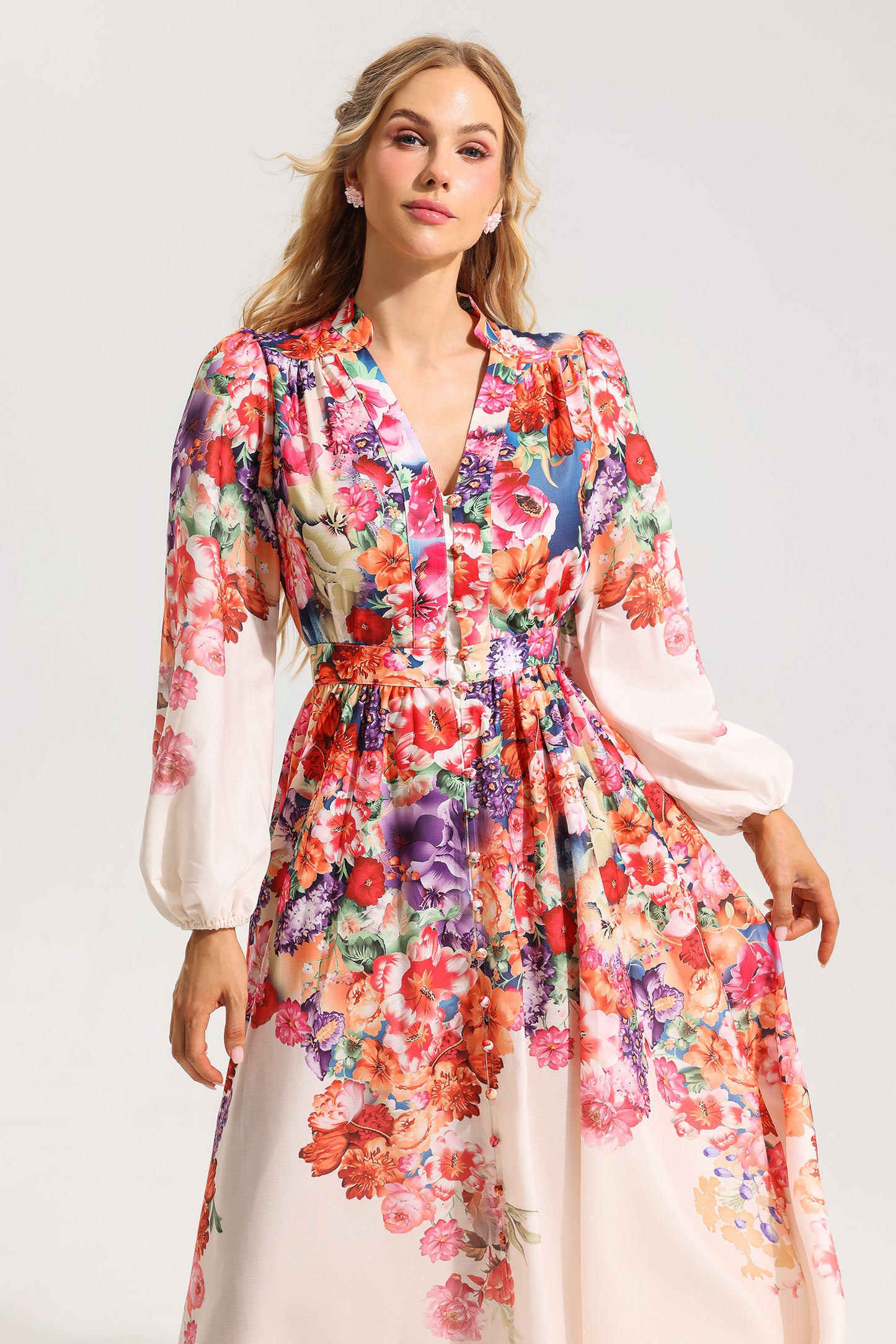Floral Lantern Sleeve Midi Dress