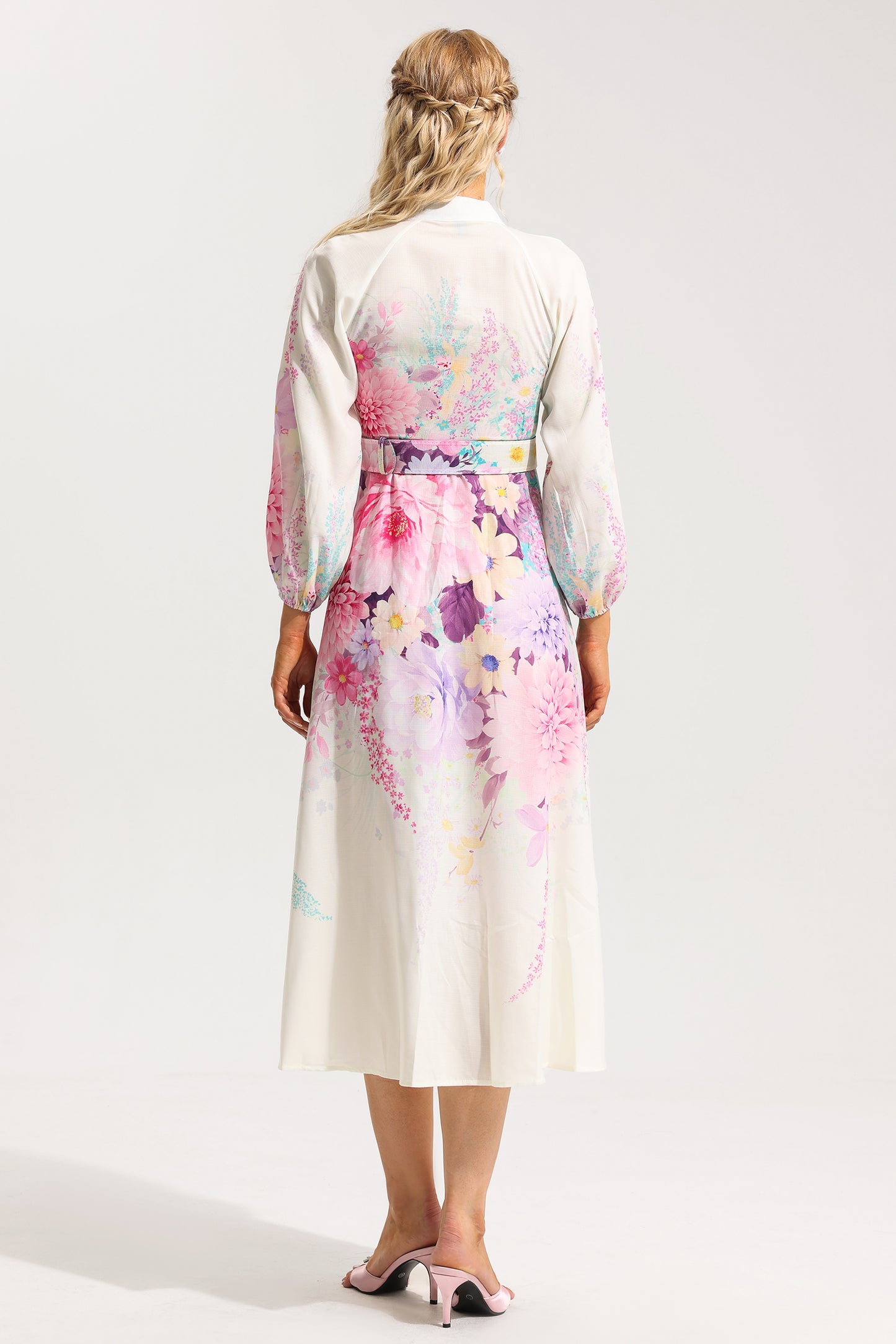 Floral Bottom Lantern Sleeve Midi Dress With Belt