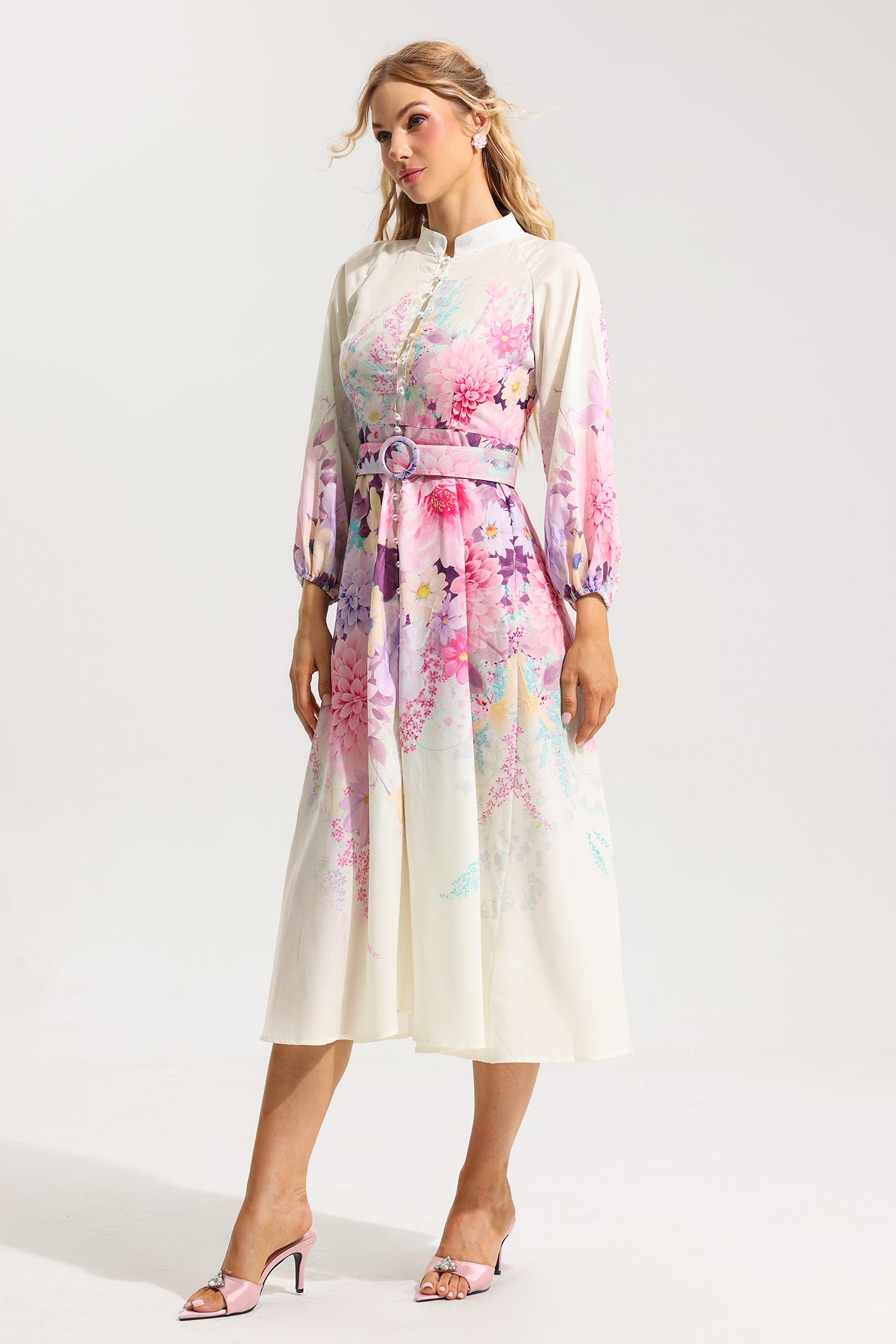 Floral Bottom Lantern Sleeve Midi Dress With Belt