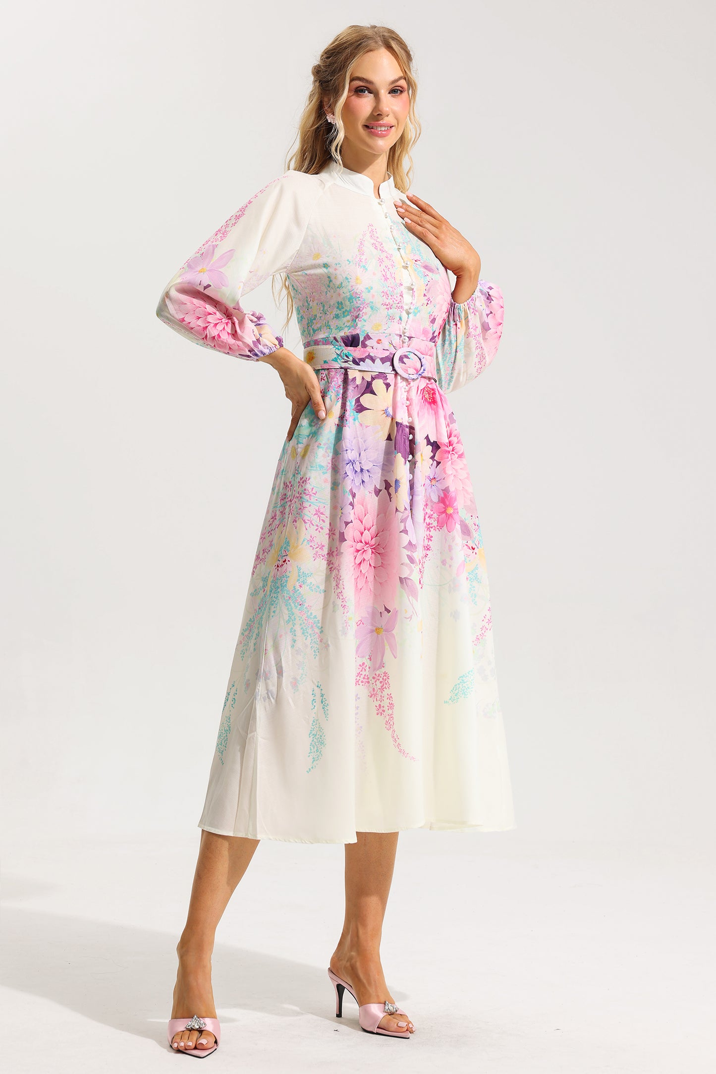 Floral Bottom Lantern Sleeve Midi Dress With Belt