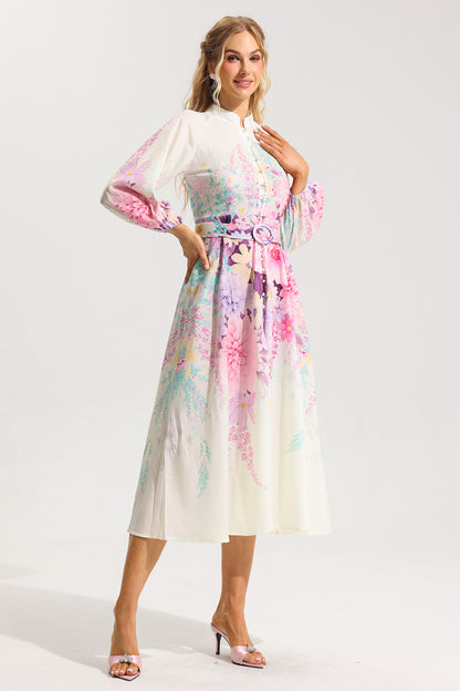 Floral Bottom Lantern Sleeve Midi Dress With Belt
