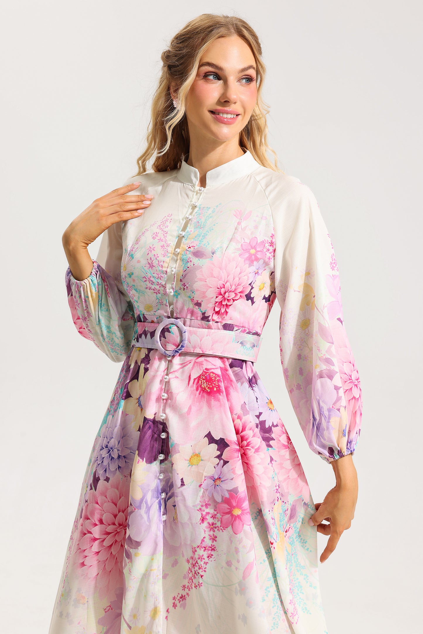 Floral Bottom Lantern Sleeve Midi Dress With Belt