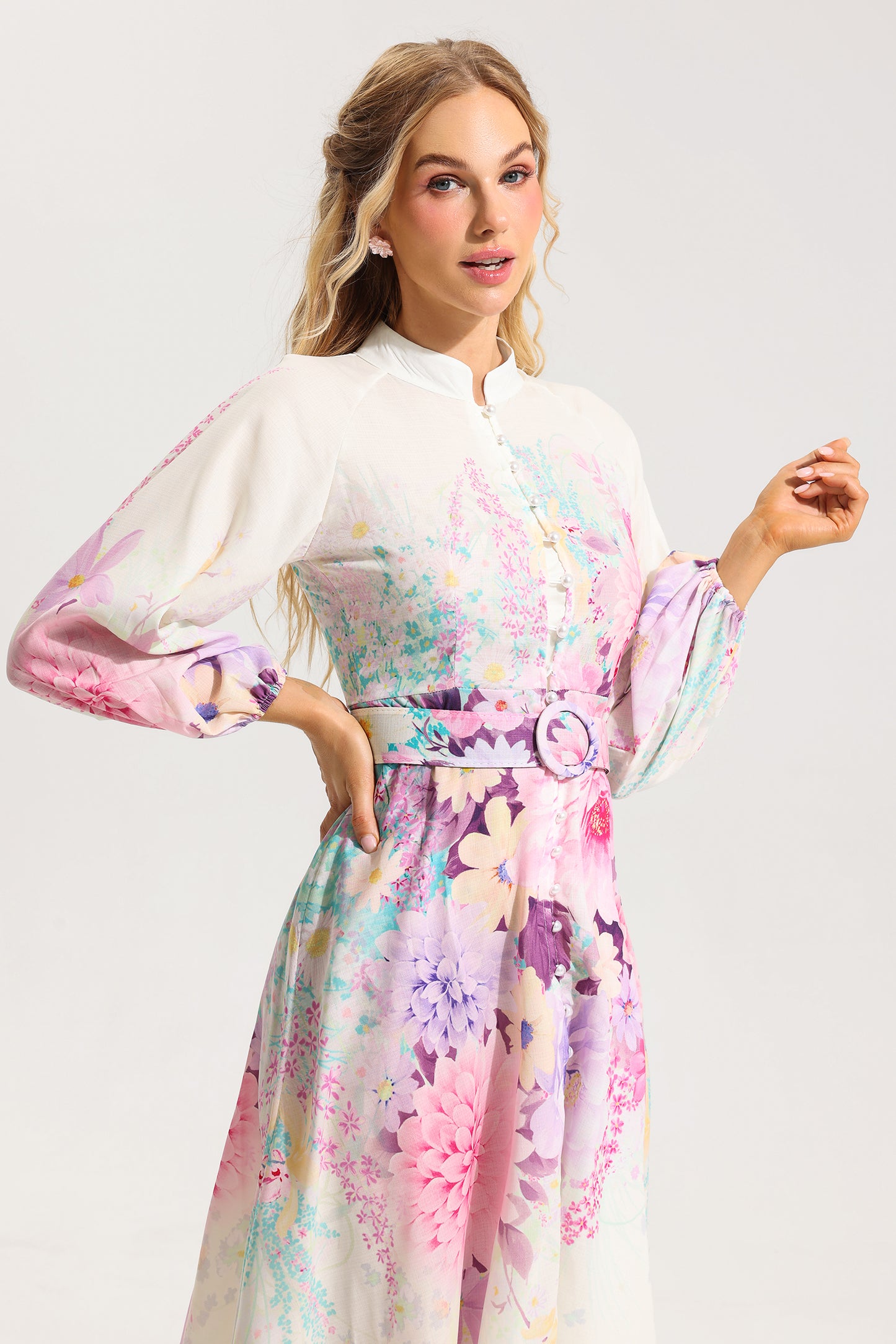 Floral Bottom Lantern Sleeve Midi Dress With Belt