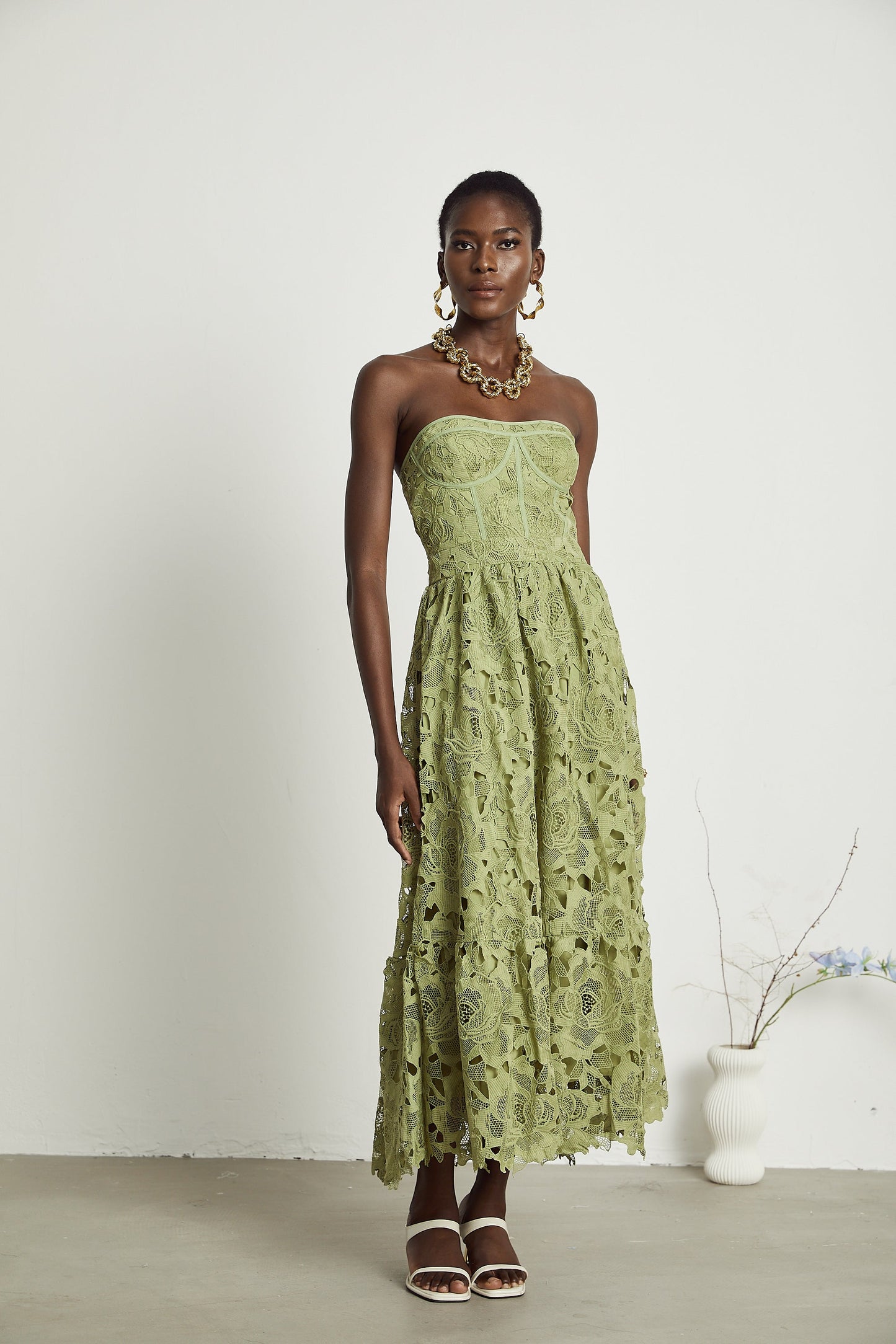 Inès lace floral embroidered cut-out midi dress in Green