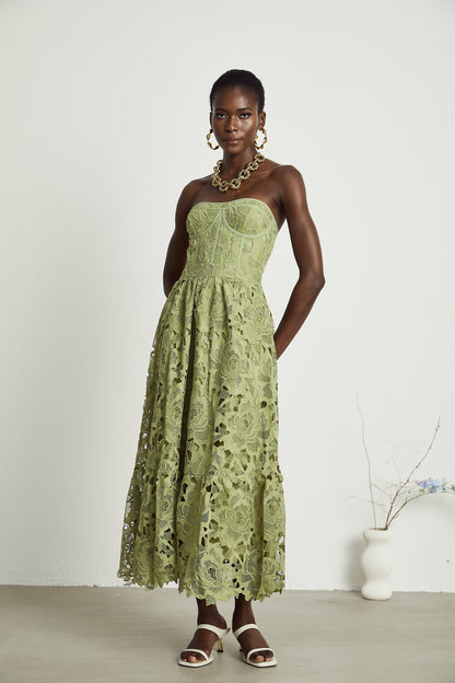 Inès lace floral embroidered cut-out midi dress in Green