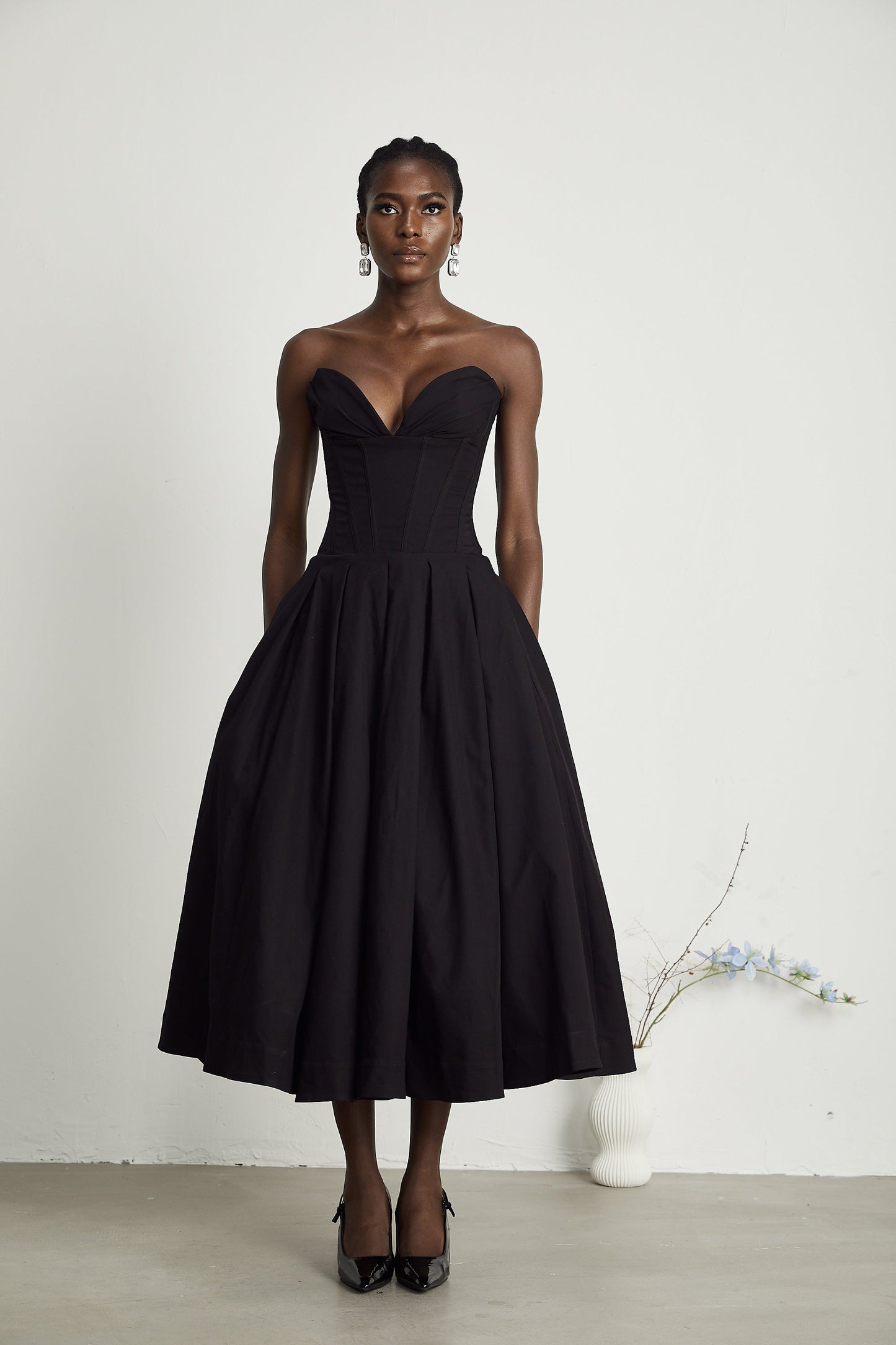 Katherine Black Off-Shoulder Corset Midi Dress