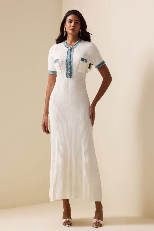 Knit Denim Contrast Color Midi Dress