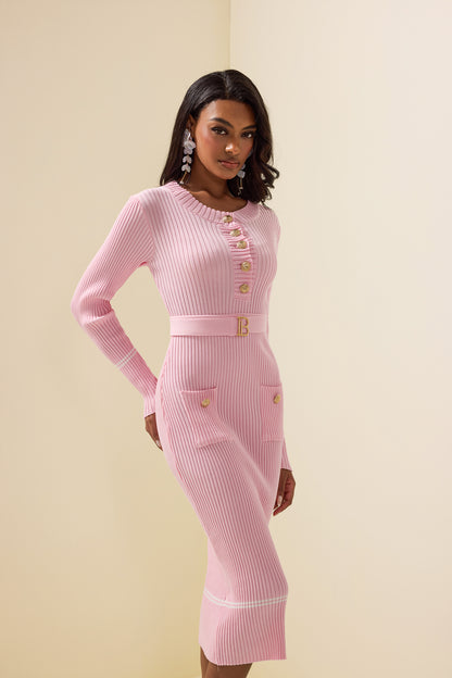 Metal Button Jersey Long Sleeve Midi Dress Pink