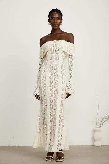 Émeline floral lace flared-cuff maxi dress in Neutrals
