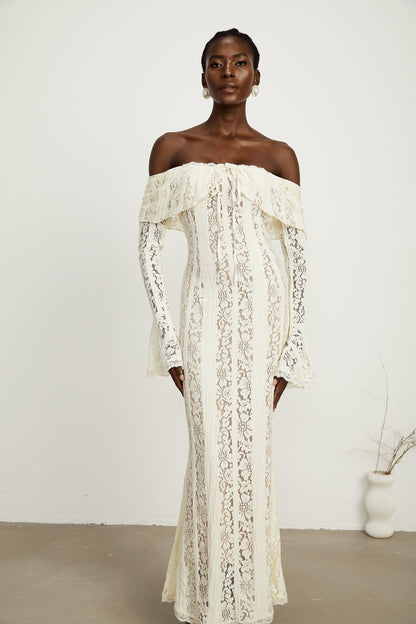 Émeline floral lace flared-cuff maxi dress in Neutrals