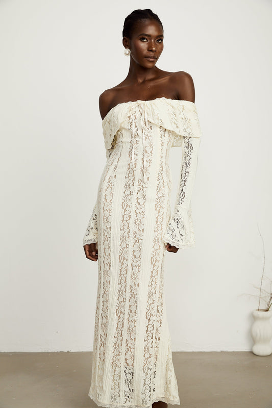 Émeline floral lace flared-cuff maxi dress in Neutrals