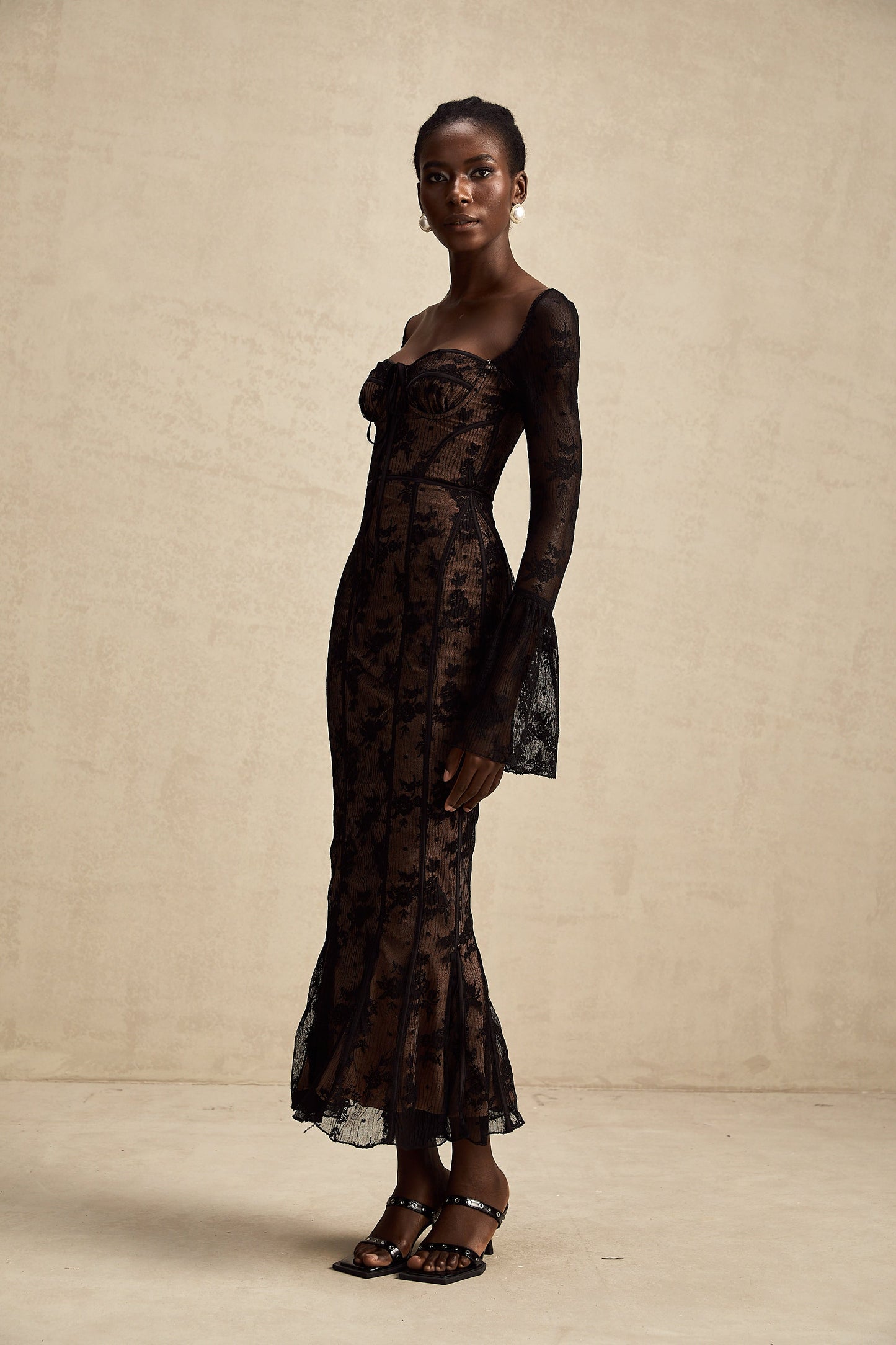 Marlene Black Flared Lace Maxi Dress