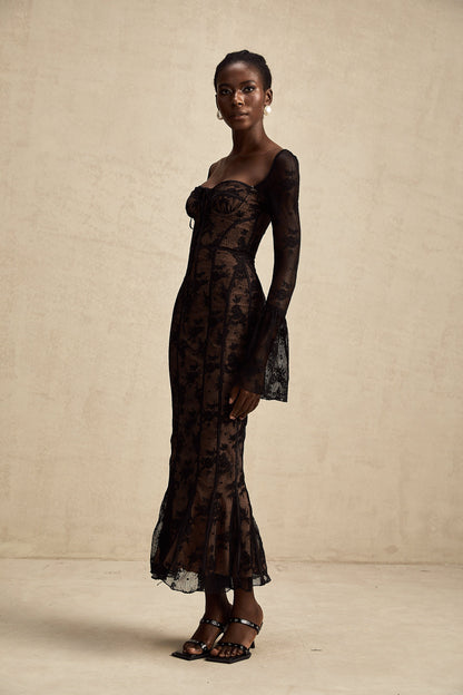 Marlene Black Flared Lace Maxi Dress