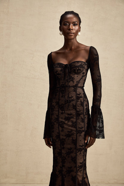 Marlene Black Flared Lace Maxi Dress