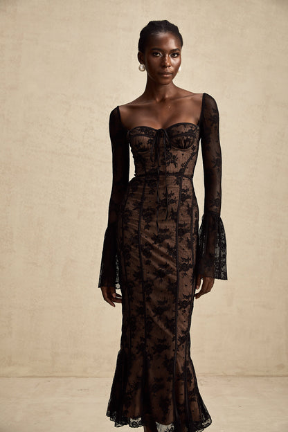 Marlene Black Flared Lace Maxi Dress