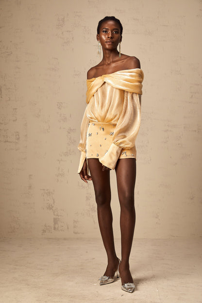 Adelina gold crystal-embellished panelled mini dress