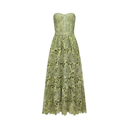 Inès lace floral embroidered cut-out midi dress in Green
