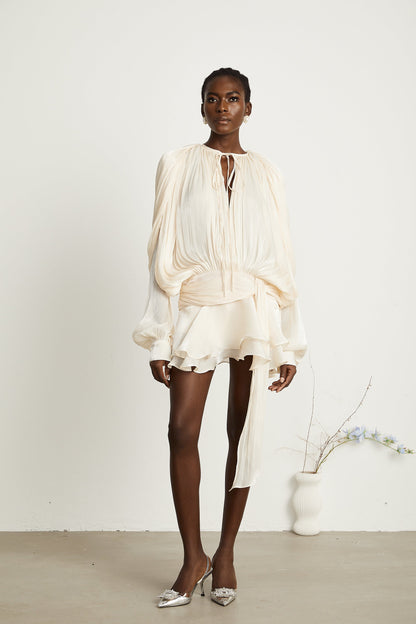 Eugénie Neutral Fully Pleated Ruffled Mini Dress