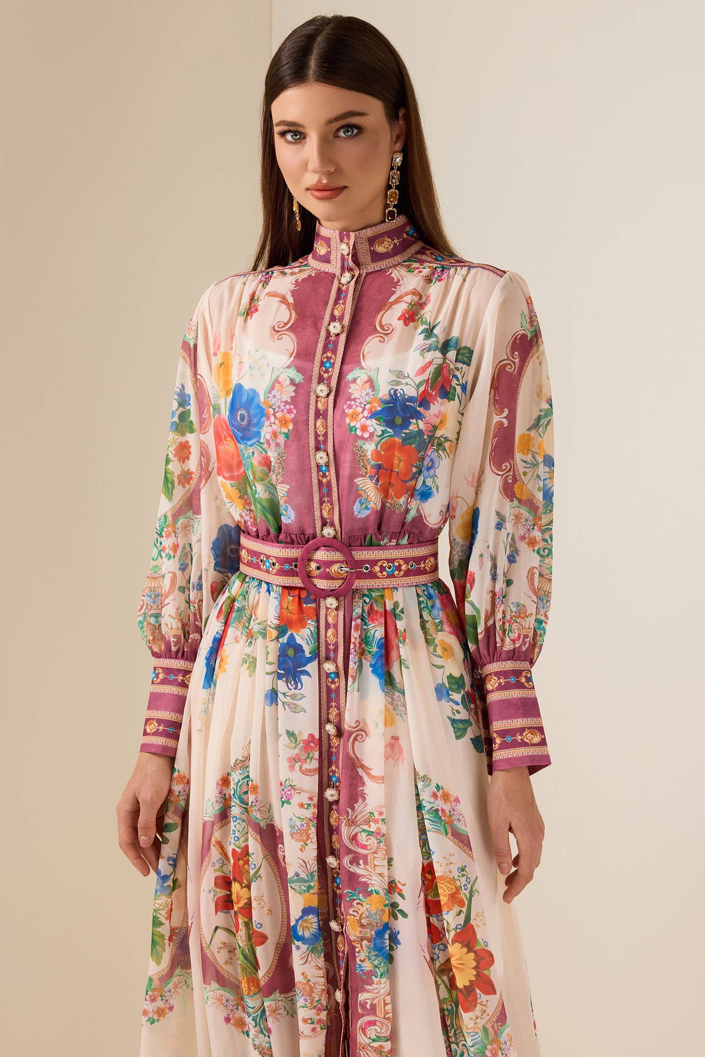 Chiffon Stand Collar Lantern Sleeve Midi Dress