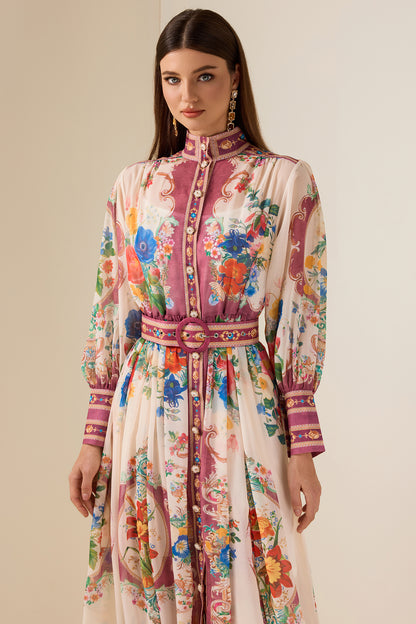 Chiffon Stand Collar Lantern Sleeve Midi Dress