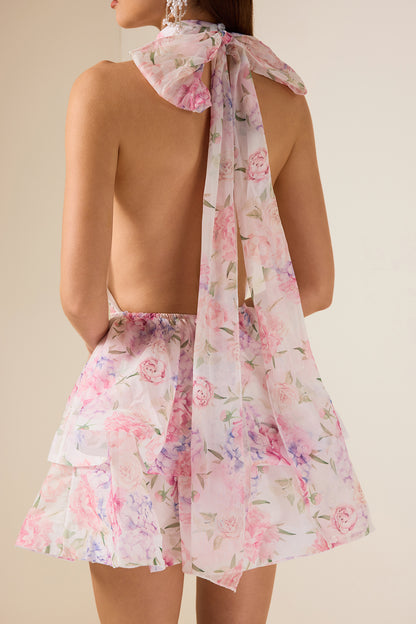 Solid Ruffle Halter Neck Mini Dress