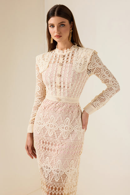Lace Faux Pearl Button Long Sleeve Midi Dress