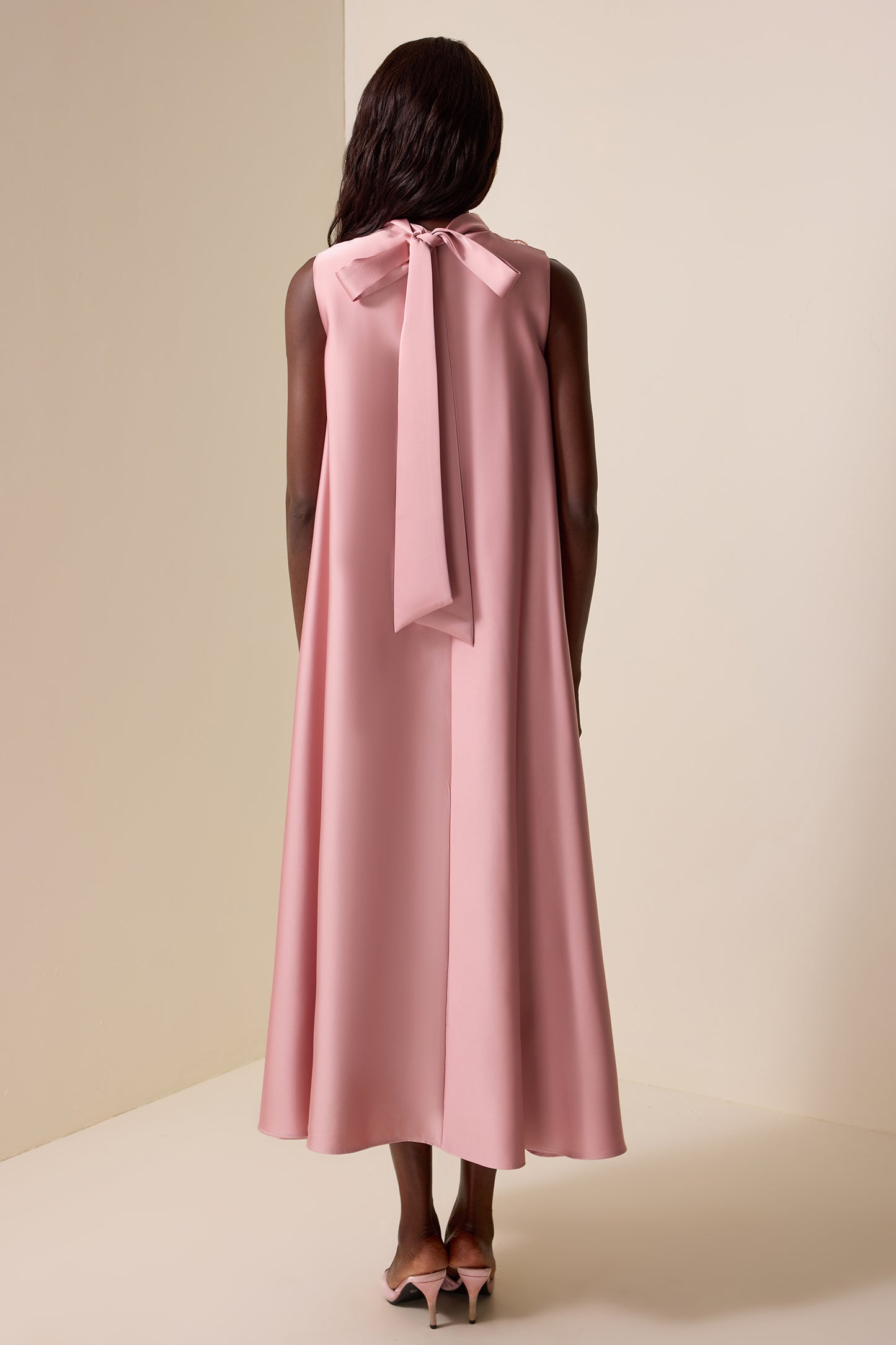 Appliquéd Satin Sleeveless Midi Dress