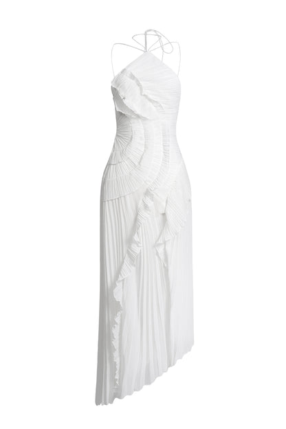 Pleated Frill Halter Neck Midi Dress