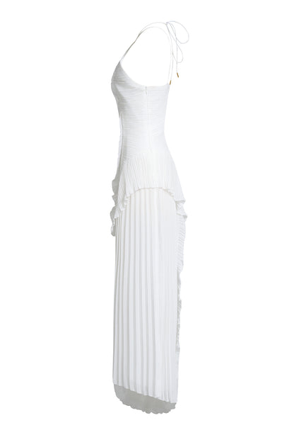 Pleated Frill Halter Neck Midi Dress