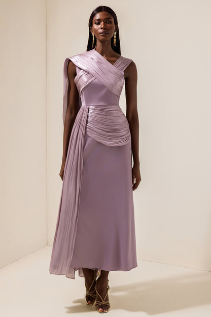 Satin Gathering Cape Sleeve Midi Dress