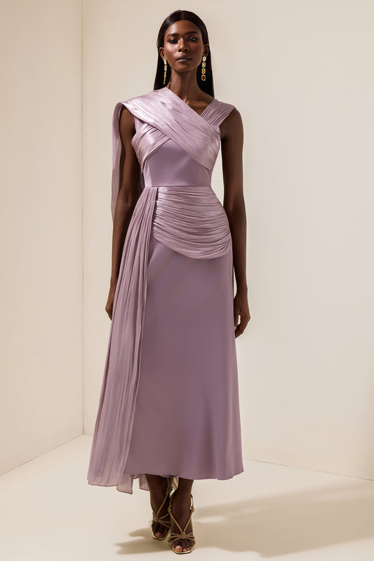Satin Gathering Cape Sleeve Midi Dress