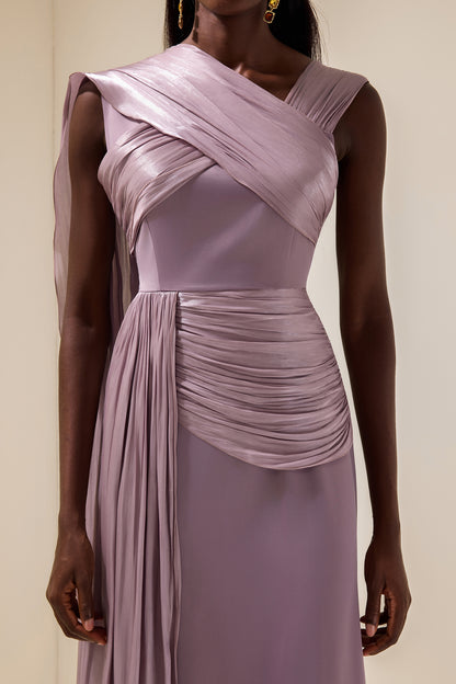 Satin Gathering Cape Sleeve Midi Dress