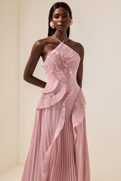 Pleated Frill Halter Neck Midi Dress