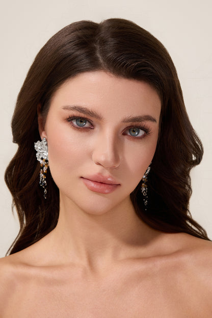 Floral Shape Beaded Tassel Metal Earrings